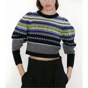 NWT Zara Crop Fair Isle Puff Sleeve Knit Sweater Size Small